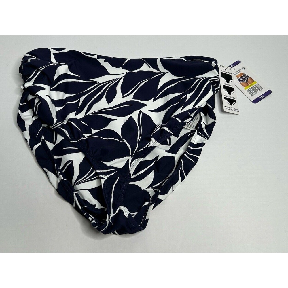 Anne Cole Women's XXL‎ High Waist Ruched Side Swim Bottom Navy Blue White NWT